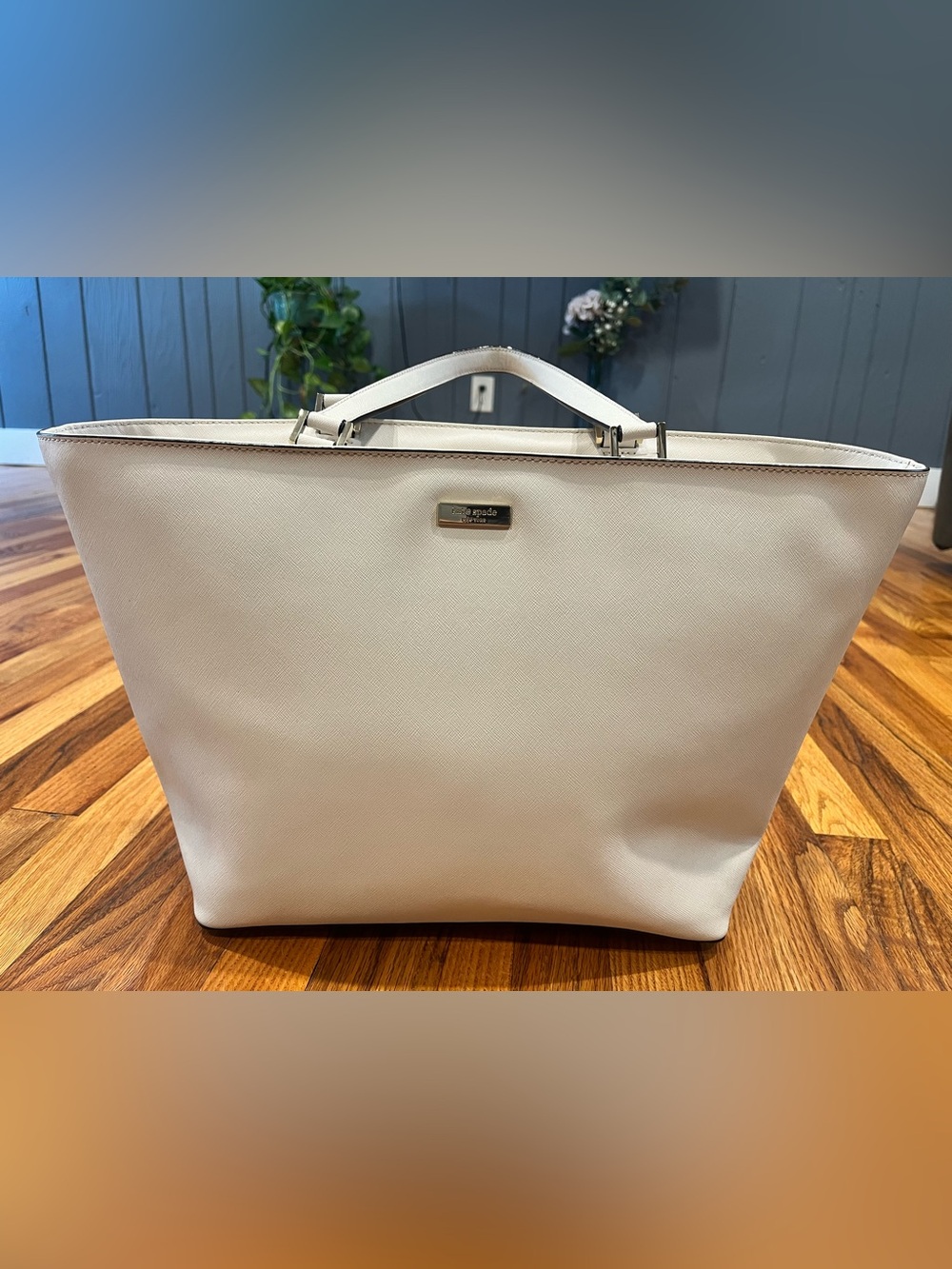 kate spade Cream Structured Saffiano Tote with Gold Plaque